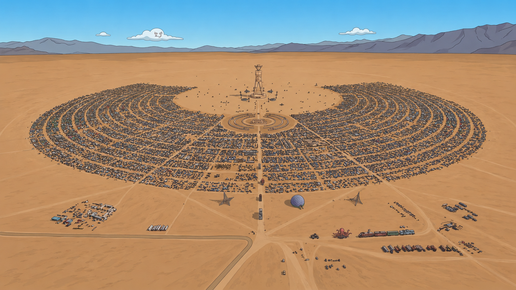 Black Rock City с высоты, окружённый пустыней и горами